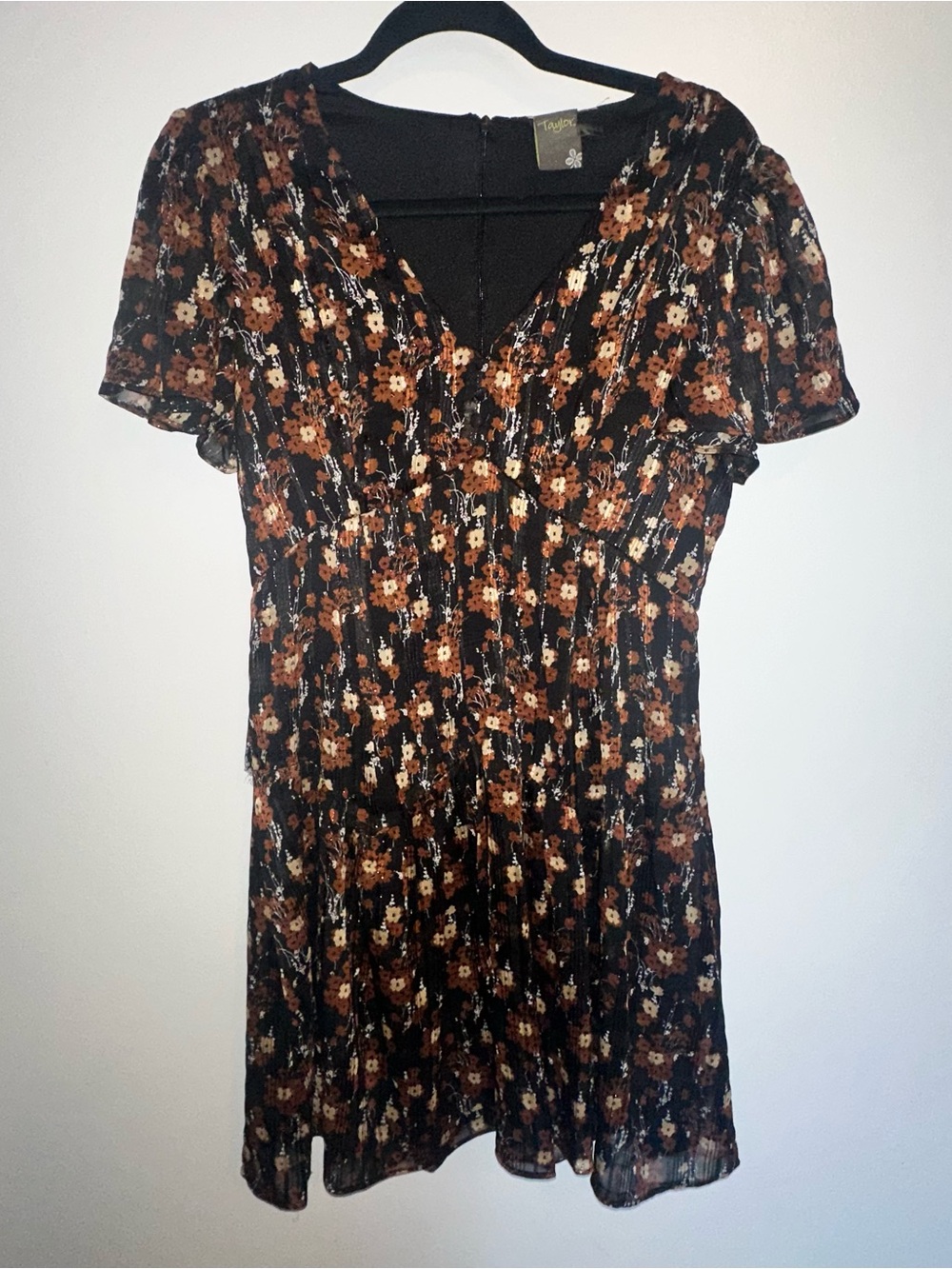 Taylor Black Floral Dress with Rust and Gold Accents